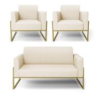 Sofá Namoradeira Com 2 Poltronas Base Industrial Alta Dourado Marisa Linho D03 - D\'rossi Cor A19 Bege - 1