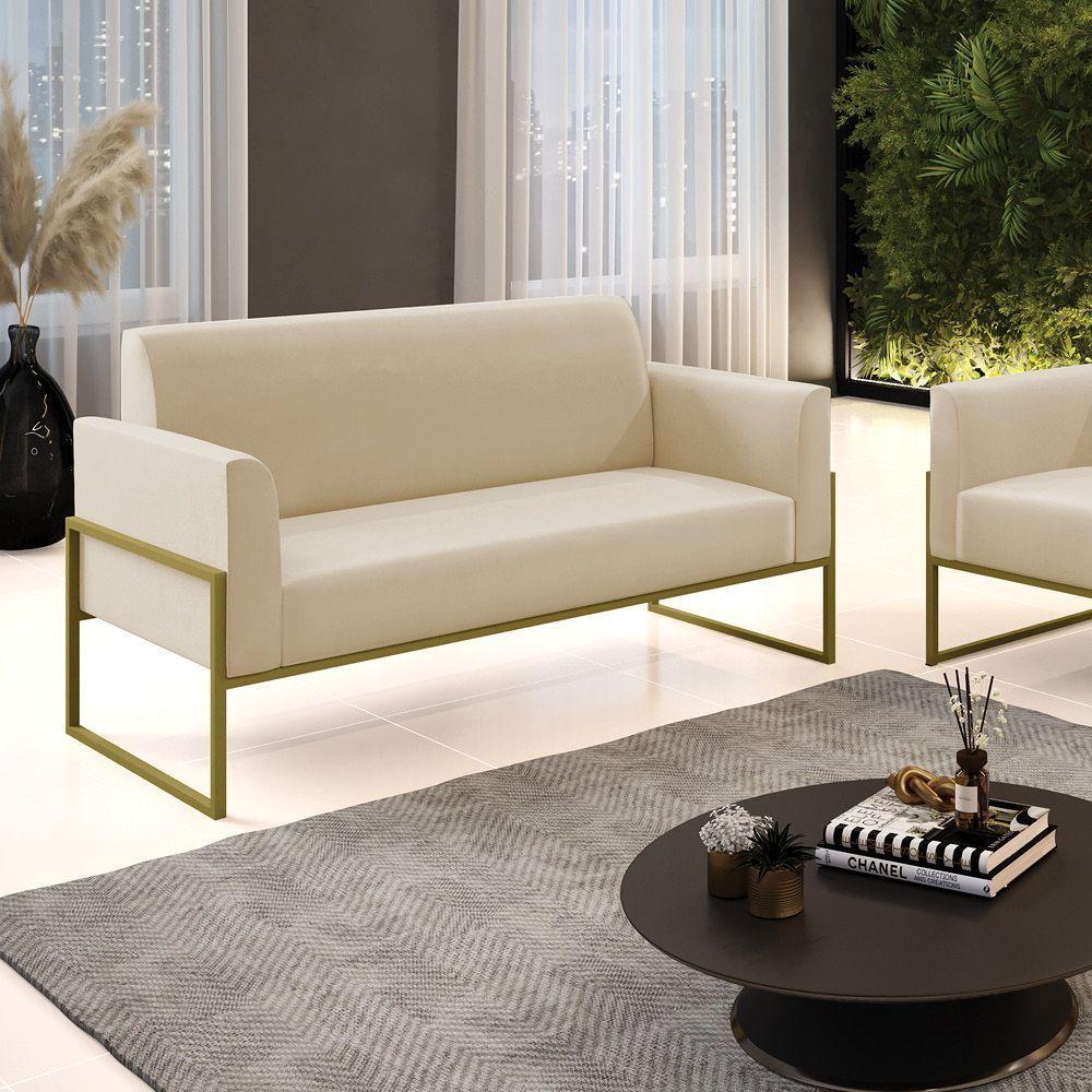 Sofá Namoradeira Base Industrial Alta Dourado Marisa Suede Bege D03 - D\'rossi - 2