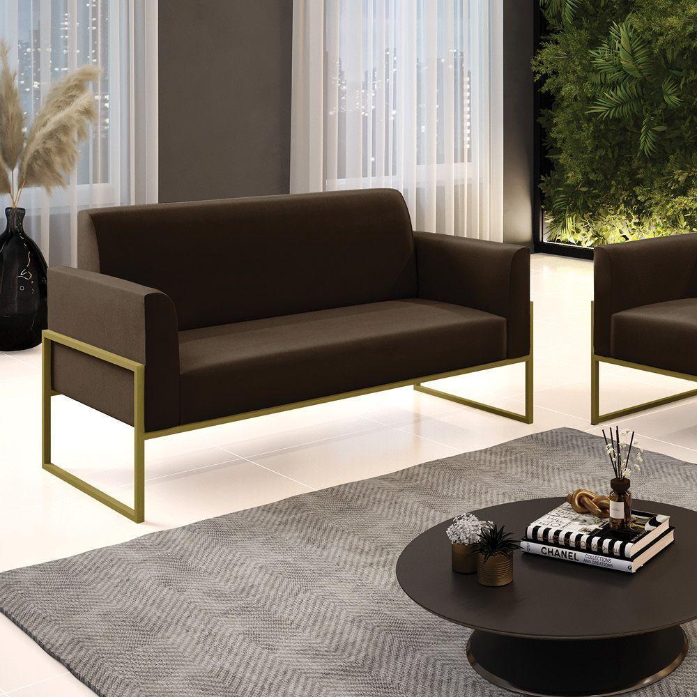 Sofá Namoradeira Base Industrial Alta Dourado Marisa Suede Marrom D03 - D\'rossi - 3