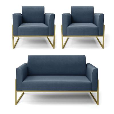Sofá Namoradeira Com 2 Poltronas Base Industrial Alta Dourado Marisa Suede Azul Marinho D03 - D\'rossi