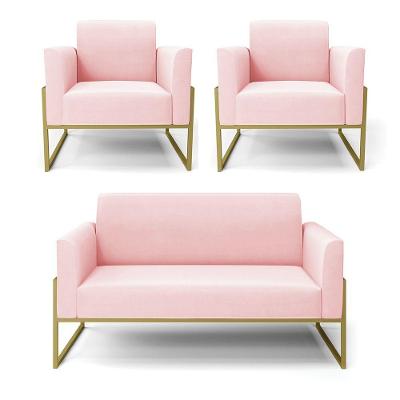 Sofá Namoradeira Com 2 Poltronas Base Industrial Alta Dourado Marisa Suede D03 - D\'rossi Cor Rosa Bebê