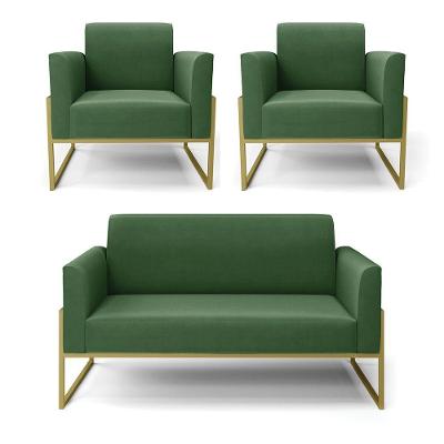 Sofá Namoradeira Com 2 Poltronas Base Industrial Alta Dourado Marisa Suede Verde D03 - D\'rossi