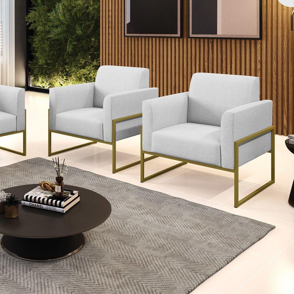 Kit 2 Poltronas Base Industrial Alta Dourado Marisa Linho D03 - D\'rossi Cor A05 Cinza - 4