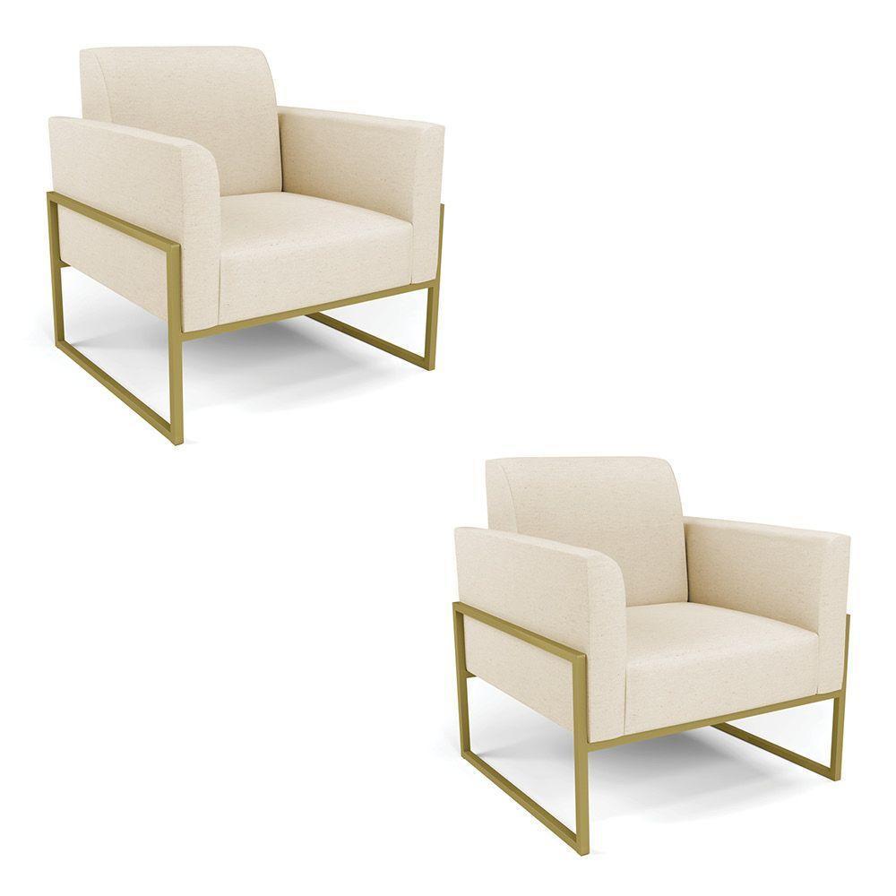 Kit 2 Poltronas Base Industrial Alta Dourado Marisa Linho D03 - D\'rossi Cor A19 Bege - 1