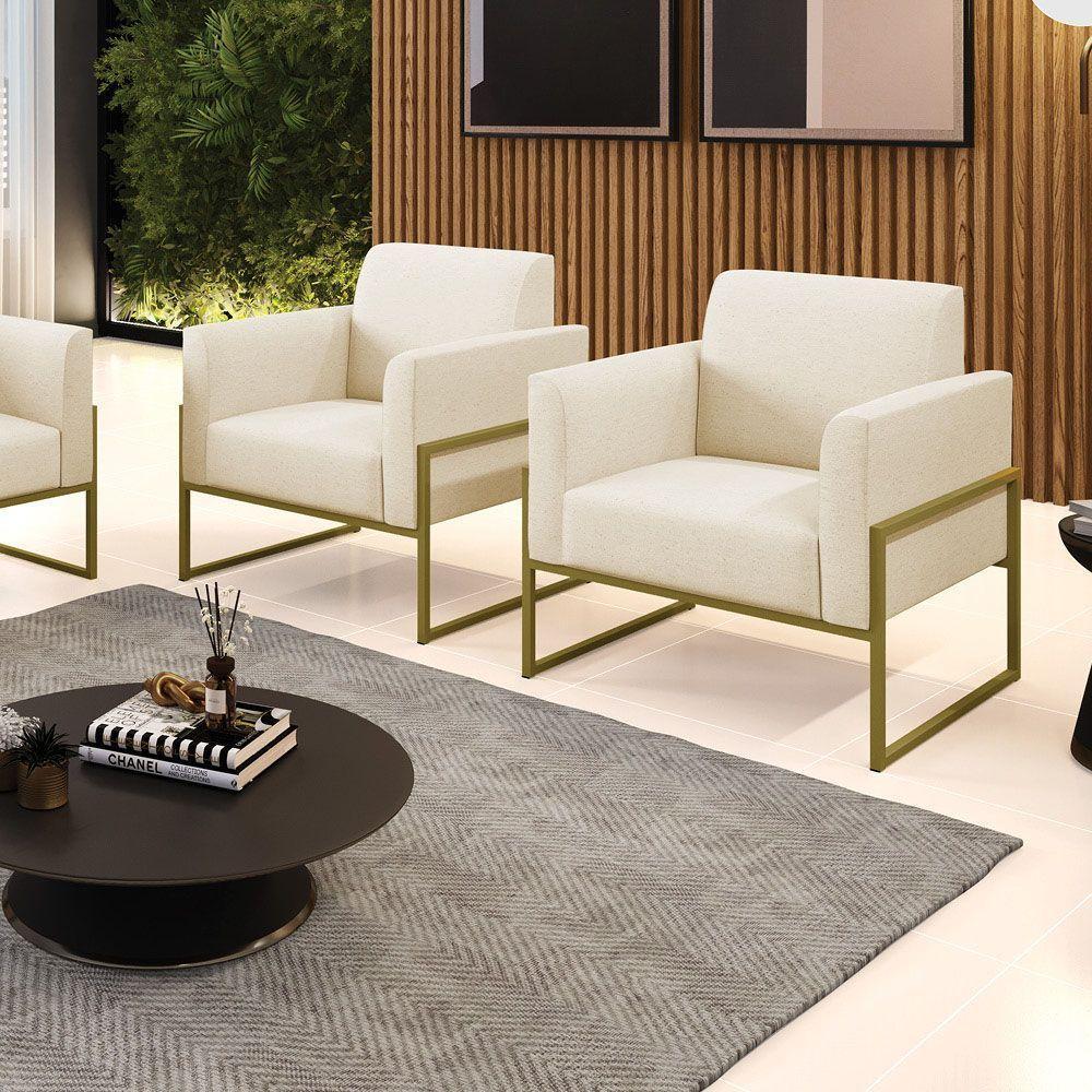 Kit 2 Poltronas Base Industrial Alta Dourado Marisa Linho D03 - D\'rossi Cor A19 Bege - 4