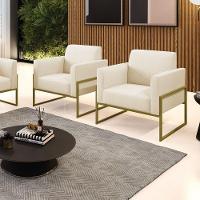 Kit 2 Poltronas Base Industrial Alta Dourado Marisa Linho D03 - D\'rossi Cor A19 Bege
