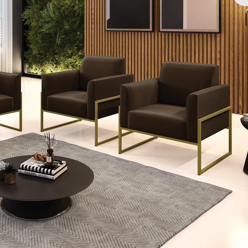 Kit 2 Poltronas Base Industrial Alta Dourado Marisa Suede D03 - D\'rossi Cor Marrom - 7