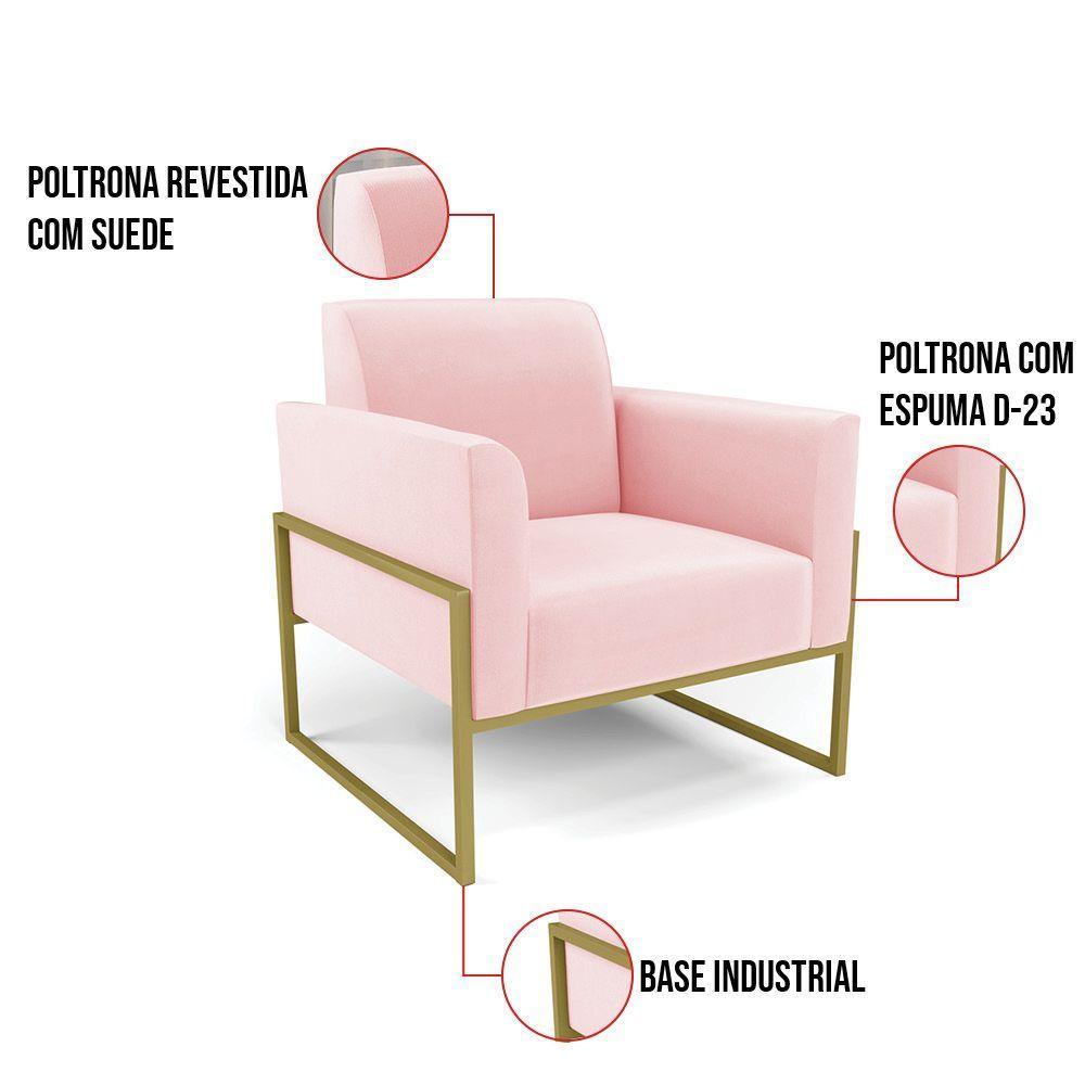 Kit 2 Poltronas Base Industrial Alta Dourado Marisa Suede Rosa Bebê D03 - D\'rossi - 3