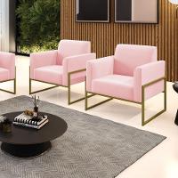 Kit 2 Poltronas Base Industrial Alta Dourado Marisa Suede Rosa Bebê D03 - D\'rossi