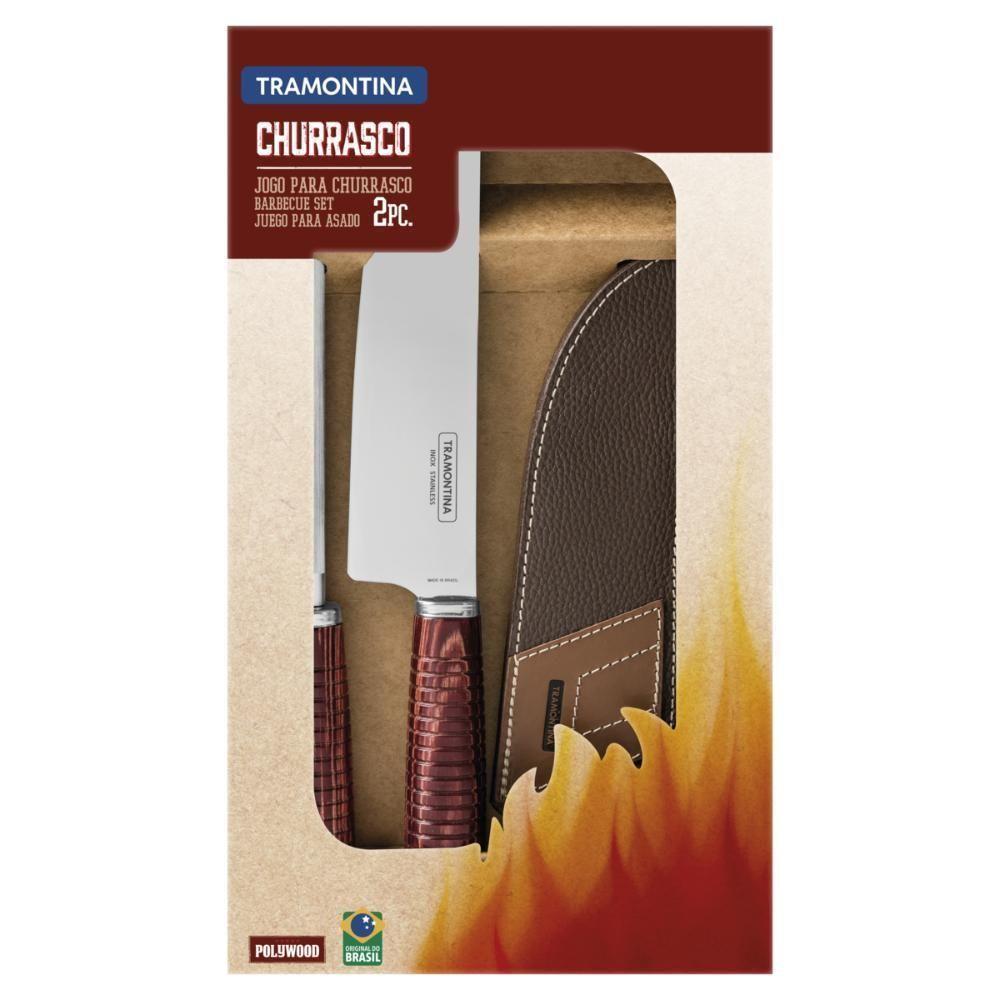 Jogo Para Churrasco Tramontina Em Aço Inox E Cabo Vermelho Polywood Com Bainha De Couro 2 Peças - 3