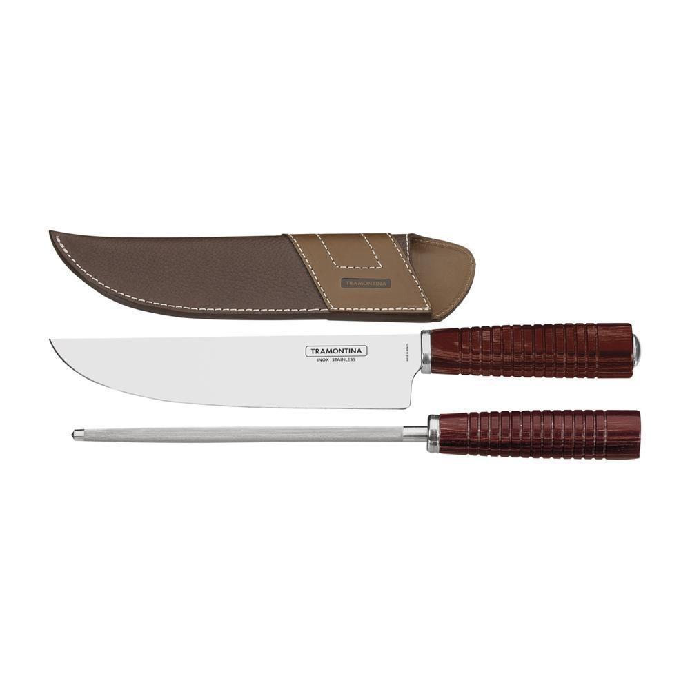 Jogo Para Churrasco Tramontina Em Aço Inox E Cabo Vermelho Polywood Com Bainha De Couro 2 Peças - 9