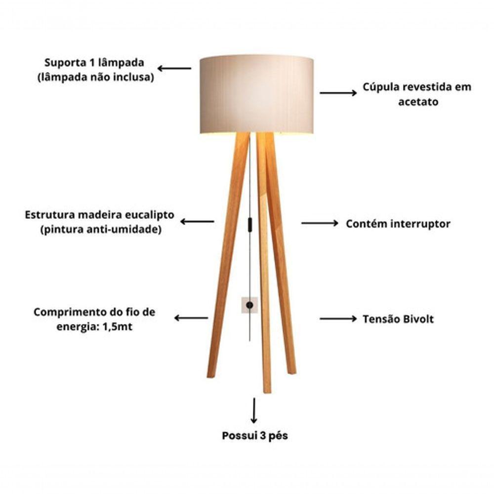 Luminária De Chão Abajur Com Cúpula E Pés De Madeira Mobigu Off White - 6