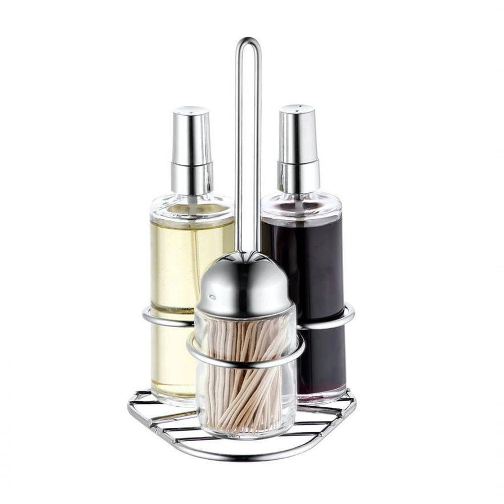 Galheteiro De Vidro Spray Base Inox Kit 4 Peças Paliteiro - 1