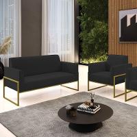 Sofá Namoradeira Com Poltrona Base Industrial Alta Dourado Marisa Veludo Preto D03 - D\'rossi - 2