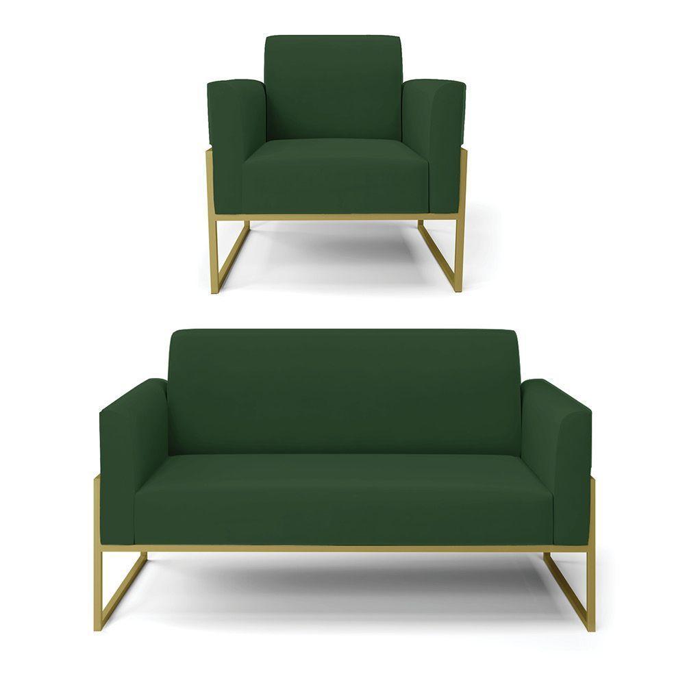 Sofá Namoradeira Com Poltrona Base Industrial Alta Dourado Marisa Veludo D03 - D\'rossi Cor Verde - 1