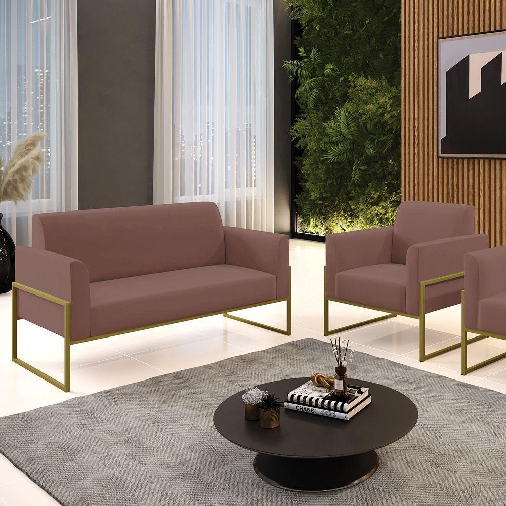 Sofá Namoradeira Com Poltrona Base Industrial Alta Dourado Marisa Veludo D03 - D\'rossi Cor Rose - 2