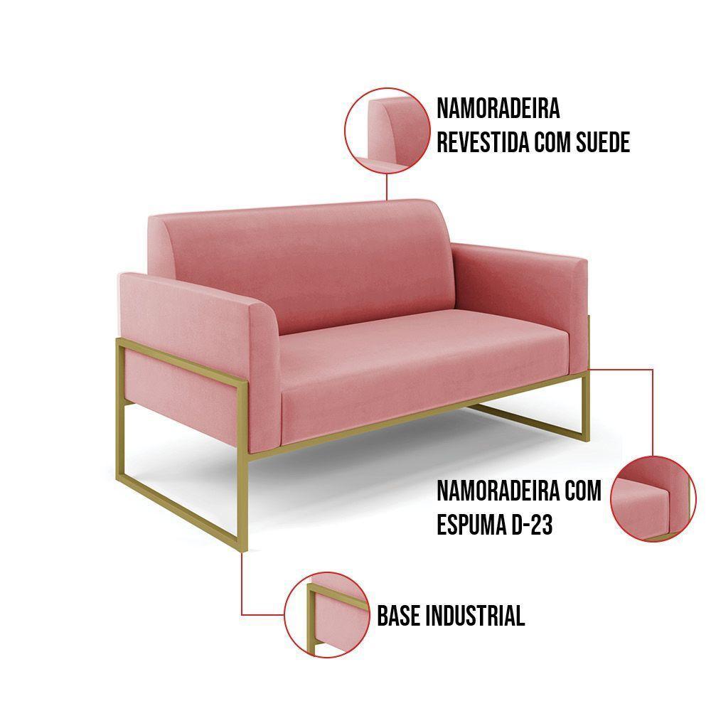 Sofá Namoradeira Com Poltrona Base Industrial Alta Dourado Marisa Suede Rosê D03 - D\'rossi - 4