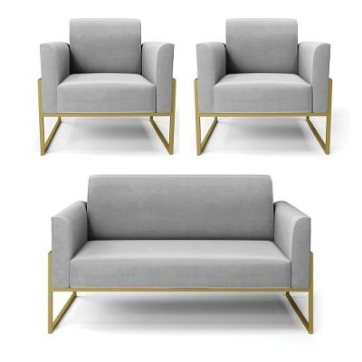 Sofá Namoradeira Com 2 Poltronas Base Industrial Alta Dourado Marisa Suede Cinza D03 - D\'rossi