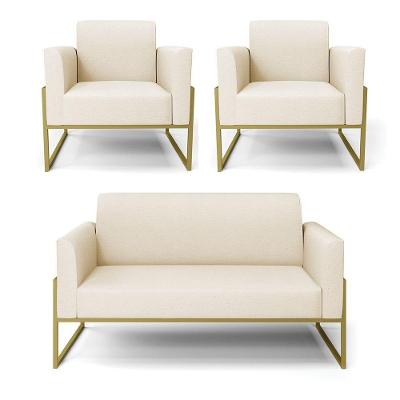 Sofá Namoradeira Com 2 Poltronas Base Industrial Alta Dourado Marisa Linho Bege A19 D03 - D\'rossi