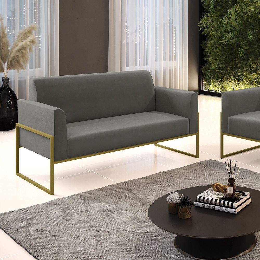 Sofá Namoradeira Base Industrial Alta Dourado Marisa Suede Grafite D03 - D\'rossi - 1