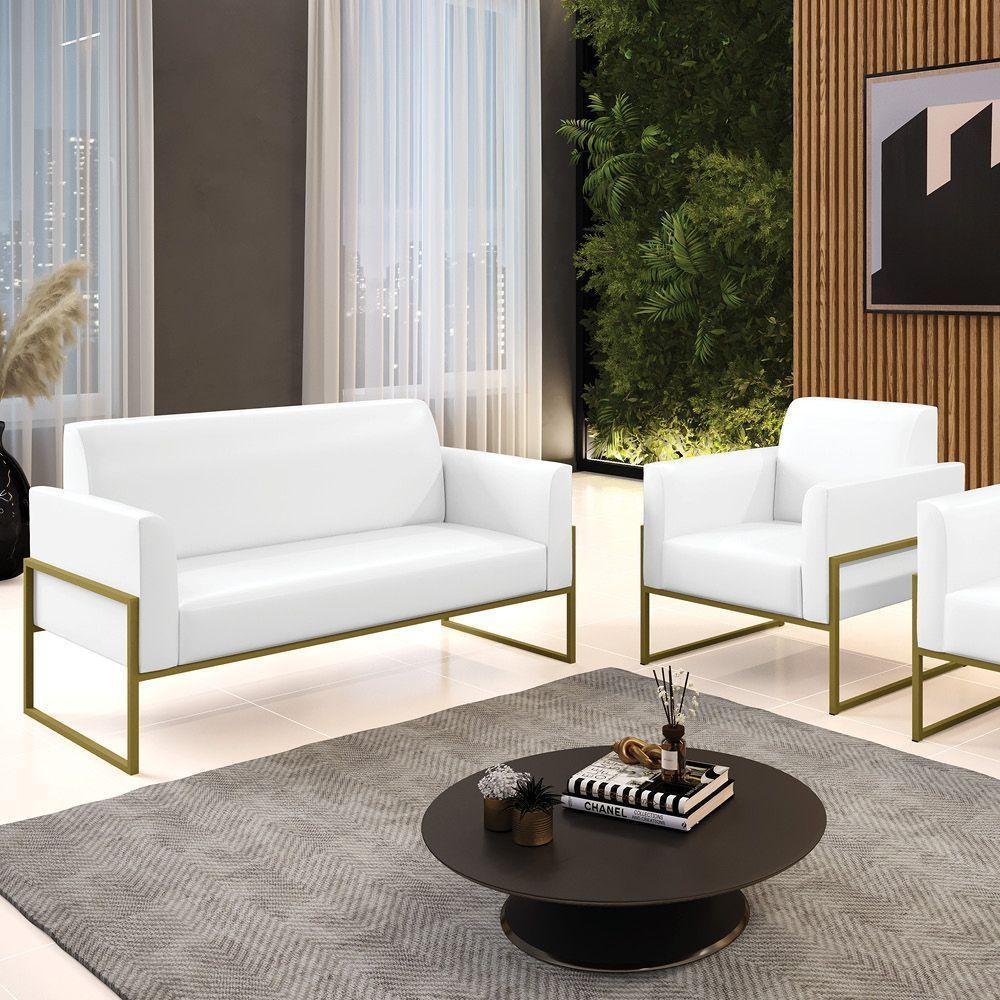 Sofá Namoradeira Com Poltrona Base Industrial Alta Dourado Marisa Corano Branco D03 - D\'rossi - 4