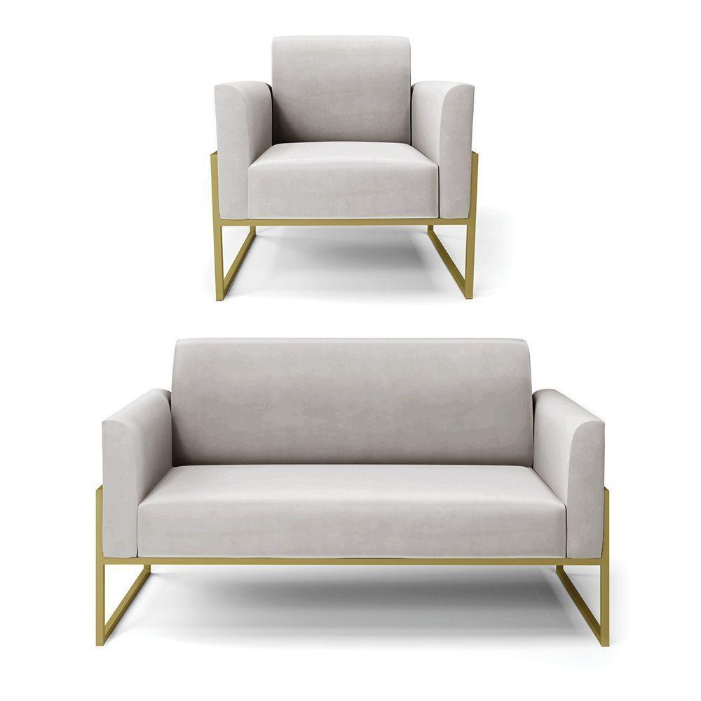 Sofá Namoradeira Com Poltrona Base Industrial Alta Dourado Marisa Veludo D03 - D\'rossi Cor Cinza - 1