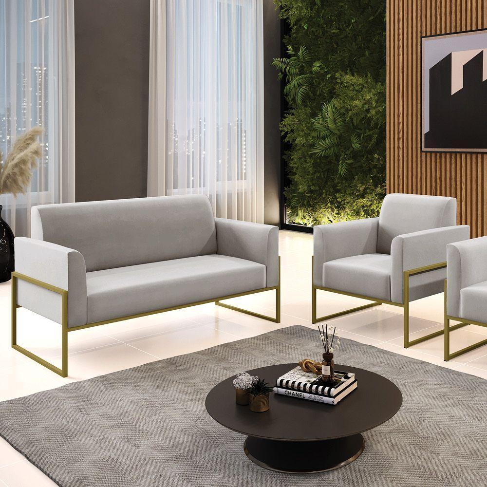 Sofá Namoradeira Com Poltrona Base Industrial Alta Dourado Marisa Veludo D03 - D\'rossi Cor Cinza - 5