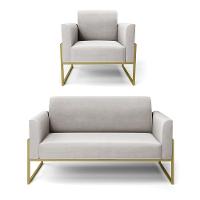 Sofá Namoradeira Com Poltrona Base Industrial Alta Dourado Marisa Veludo D03 - D\'rossi Cor Cinza - 1