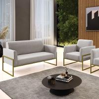Sofá Namoradeira Com Poltrona Base Industrial Alta Dourado Marisa Veludo D03 - D\'rossi Cor Cinza - 5