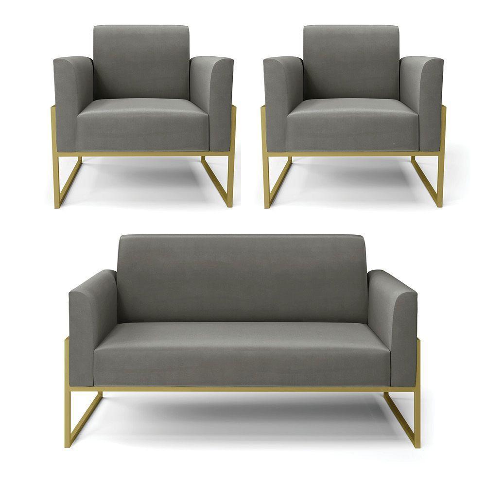 Sofá Namoradeira Com 2 Poltronas Base Industrial Alta Dourado Marisa Suede Grafite D03 - D\'rossi - 3