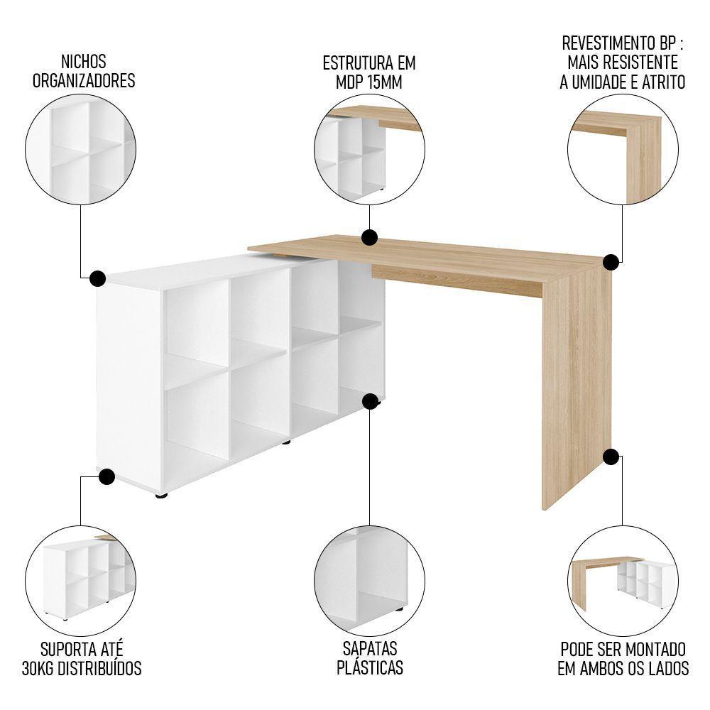 Mesa Escrivaninha Em L Eron E Balcão 60cm 2 Portas Look A06 Carvalho/branco - Mpozenato - 10