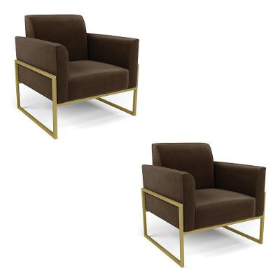 Kit 2 Poltronas Base Industrial Alta Dourado Marisa Suede Marrom D03 - D\'rossi