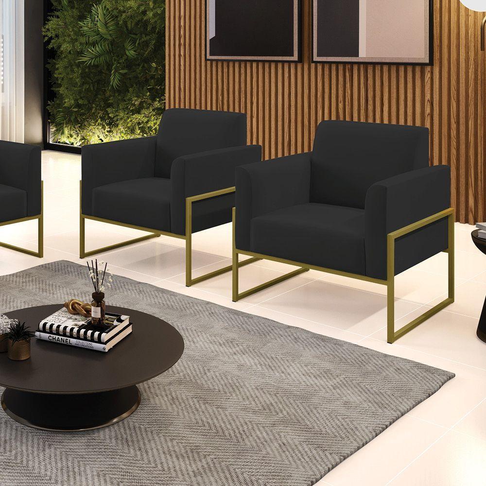 Kit 2 Poltronas Base Industrial Alta Dourado Marisa Veludo D03 - D\'rossi Cor Preto - 3