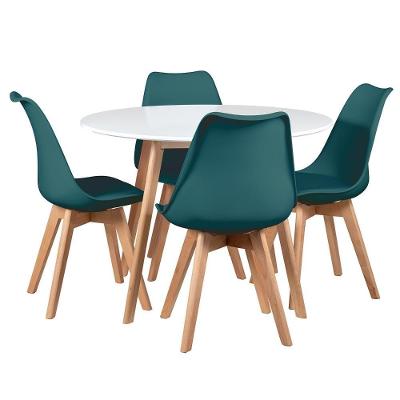 Mesa Redonda 100cm Branco + 4 Cadeiras Verde Escuro