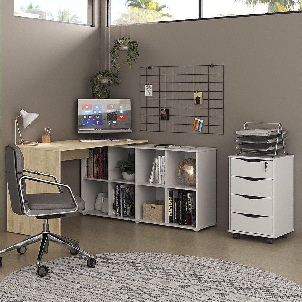 Mesa Escrivaninha Em L Eron E Gaveteiro Com Rodízios Mity A06 Carvalho-branco - Mpozenato - 6