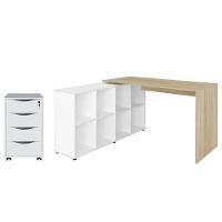 Mesa Escrivaninha Em L Eron E Gaveteiro Com Rodízios Mity A06 Carvalho-branco - Mpozenato - 1