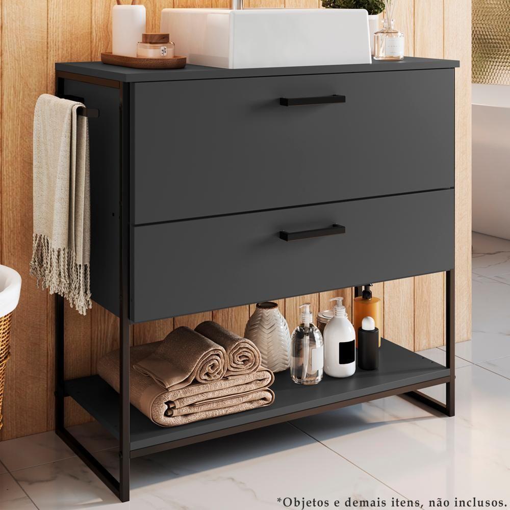 Gabinete E Cuba Banheiro Industrial 80 Cm Pt Gav 1028x94101 Grafite Branco Pp Grafite Branco - 6