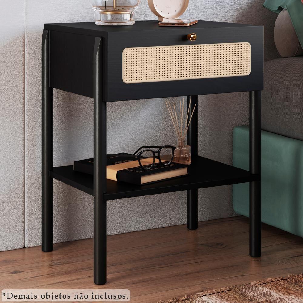 Mesa De Cabeceira 1 Gaveta Palhinha 27932 Linha Oslo Nero Artesano Nero - 3