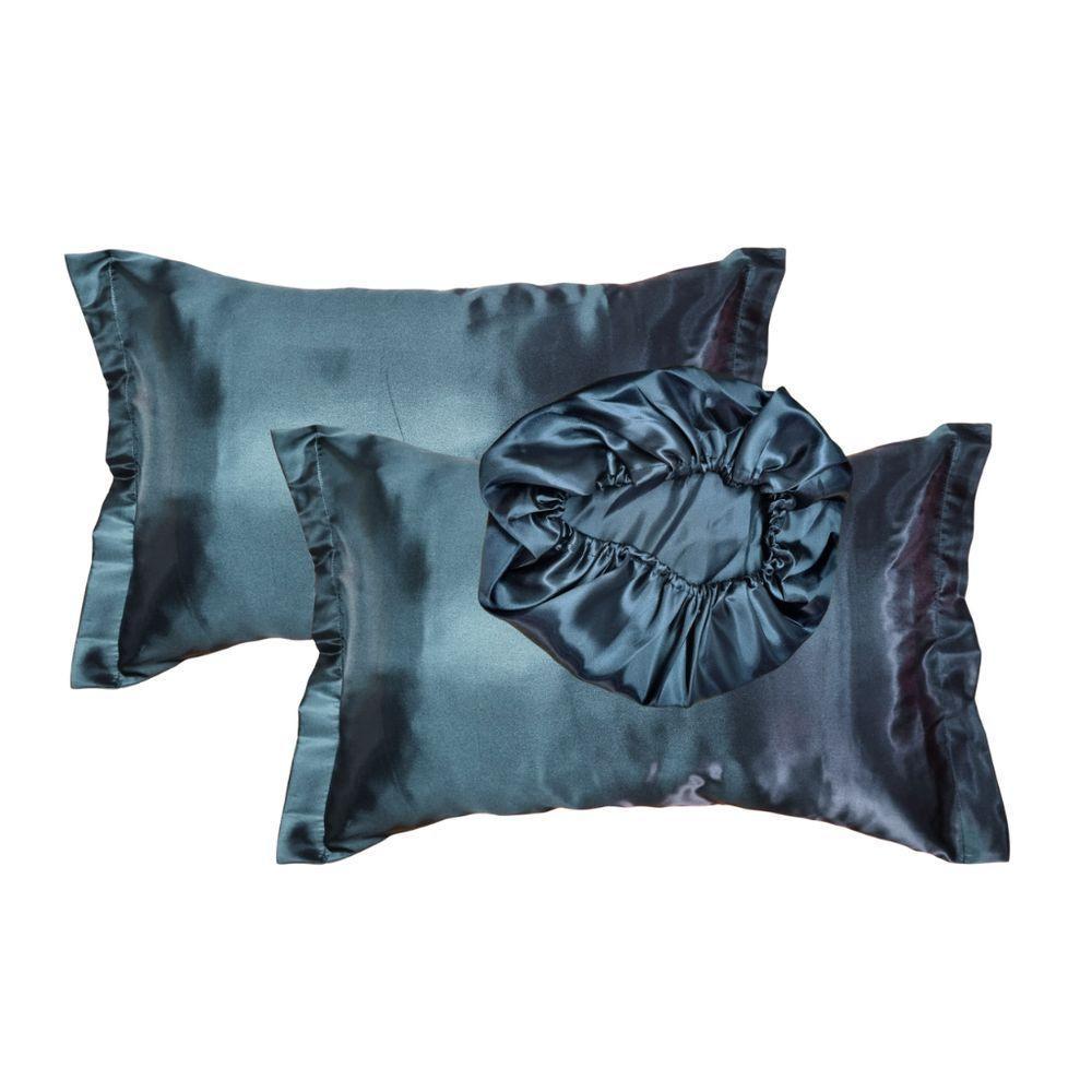 Kit Cetim Seda Luxo 2 Fronhas 1 Touca Antifrizz - Magic Enxovais Preto - 1