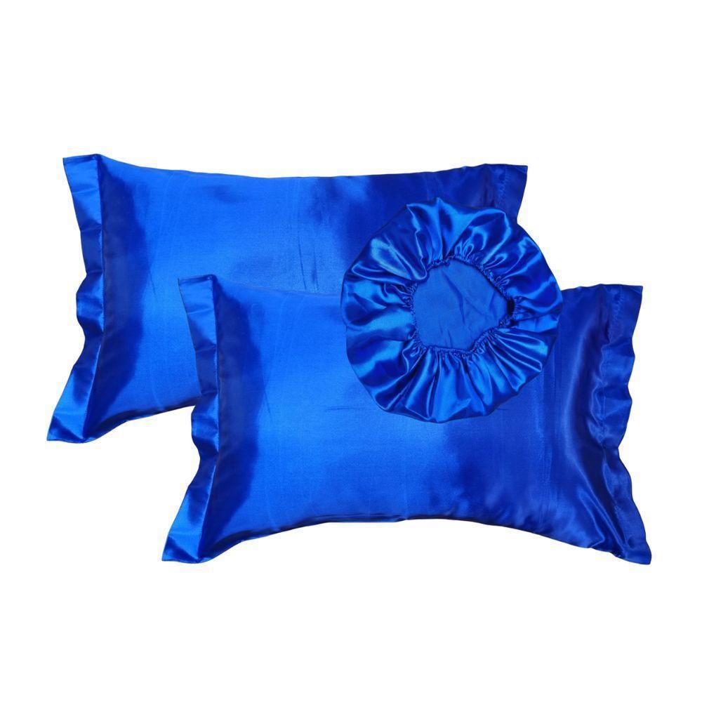 Kit Cetim Seda Luxo 2 Fronhas 1 Touca Antifrizz - Magic Enxovais Azul - 1