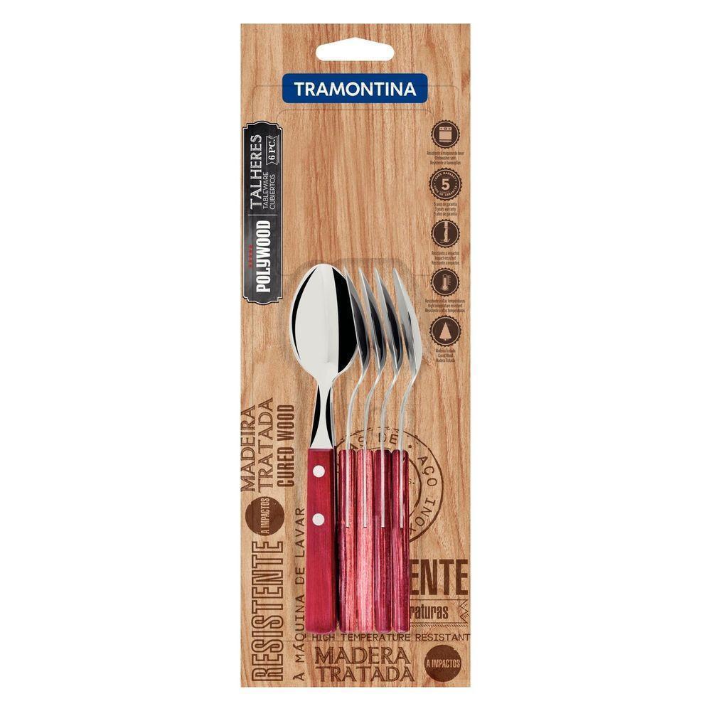 Conjunto De Colheres Para Chá Com Lâminas Em Aço Inox E Cabos Em Madeira Polywood Vermelh - 3