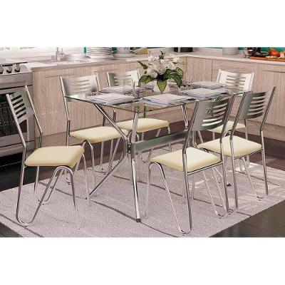 Conjunto: Mesa de Cozinha Loire c/ Tampo de Vidro 120cm + 6 Cadeiras Nápoles Cromada/Nude - Kappesberg