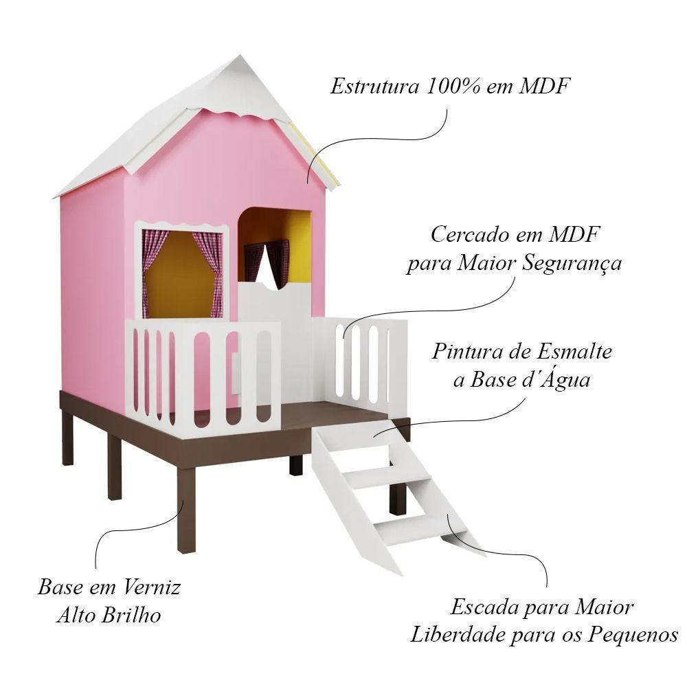 Casinha De Brinquedo Artesanal Rosa Com Cercado E Escada Telhado Branco L12 - Gran Belo - 5