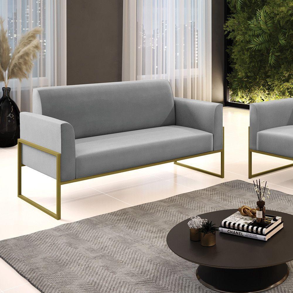 Sofá Namoradeira Base Industrial Alta Dourado Marisa Suede D03 - D\'rossi Cor Cinza - 4