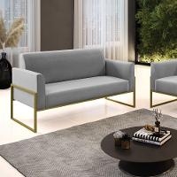 Sofá Namoradeira Base Industrial Alta Dourado Marisa Suede D03 - D\'rossi Cor Cinza