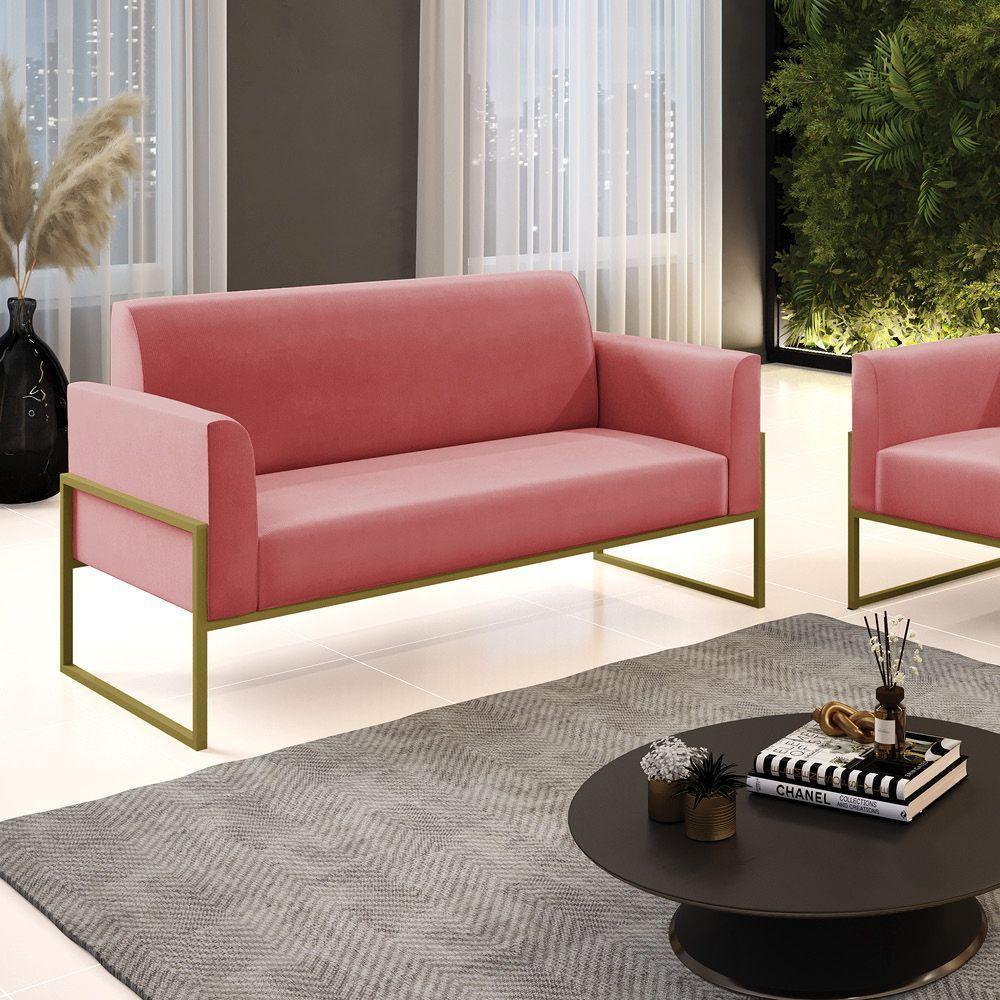 Sofá Namoradeira Base Industrial Alta Dourado Marisa Suede D03 - D\'rossi Cor Rose - 3