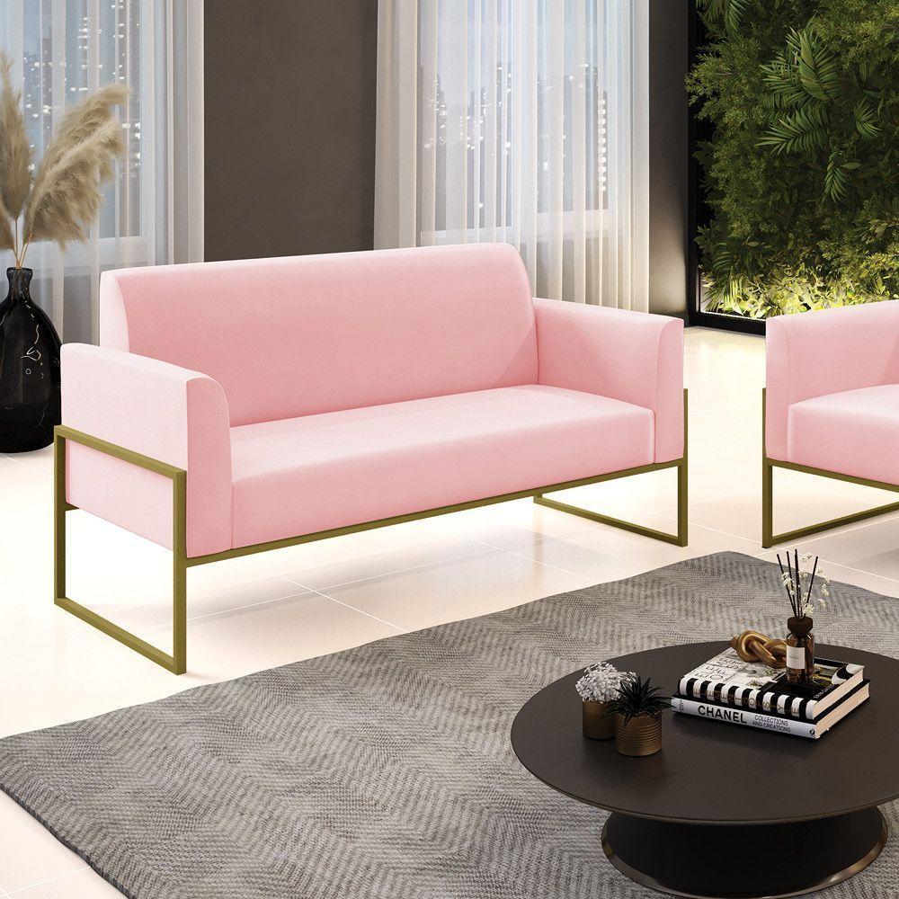Sofá Namoradeira Base Industrial Alta Dourado Marisa Suede D03 - D\'rossi Cor Rosa Bebê - 4