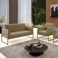 Sofá Namoradeira Com Poltrona Base Industrial Alta Dourado Marisa Suede Marrom Rato D03 - D\'rossi - 3