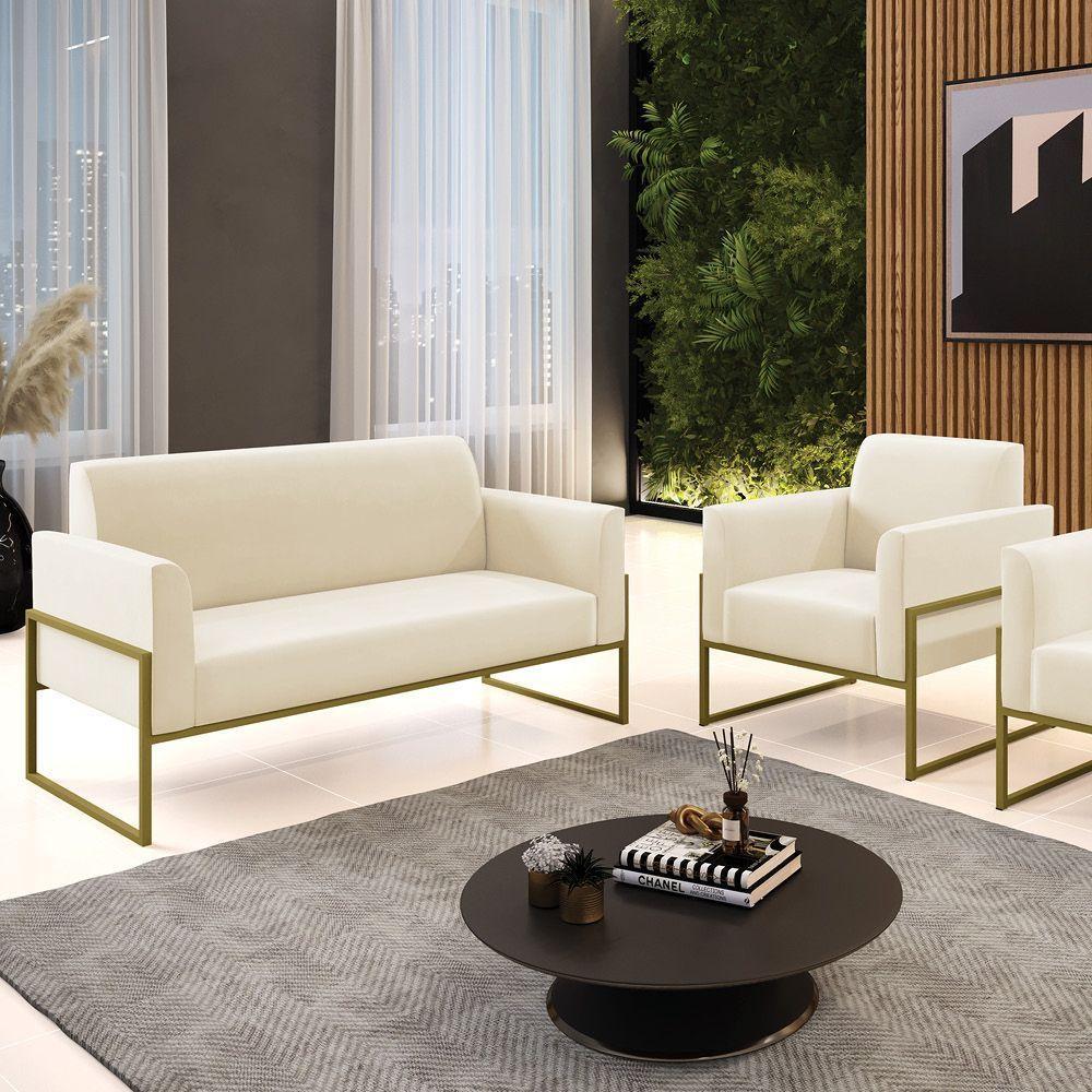 Sofá Namoradeira Com Poltrona Base Industrial Alta Dourado Marisa Veludo D03 - D\'rossi Cor Bege - 3