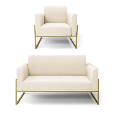 Sofá Namoradeira Com Poltrona Base Industrial Alta Dourado Marisa Veludo D03 - D\'rossi Cor Bege